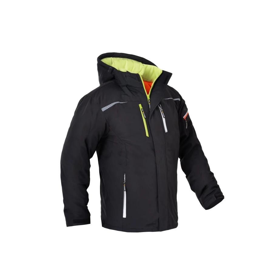 Kurtka ocieplana PROCERA ODYSSEY softshell z kapturem – czarna z limonkowymi detalami, widok z przodu pod kątem