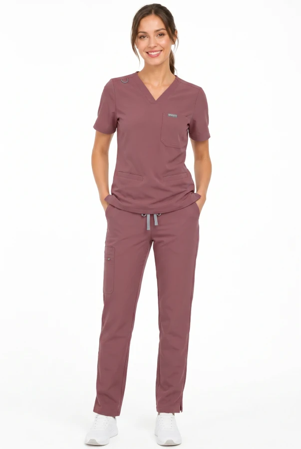 Bluza medyczna damska MYNTS WMT002 ciemny róż – scrub top V-neck z kieszeniami
