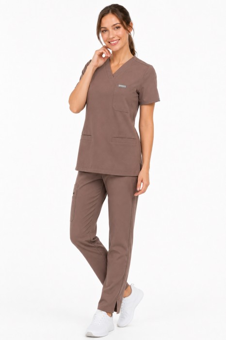 Bluza medyczna damska MYNTS WMT002 sahara mokka  scrub top V-neck z kieszeniami